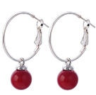 Fashion 10mm Round Red Seashell Beads Dangle Earrings With Large Hoop Earwires