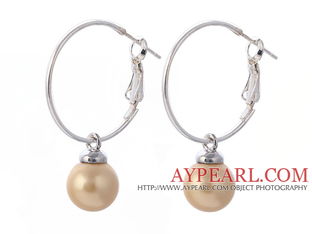 Fashion 10mm Round Yellow Seashell Beads Dangle Earrings With Large Hoop Earwires