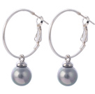 Fashion 10mm Round Gray Seashell Beads Dangle Earrings With Large Hoop Earwires