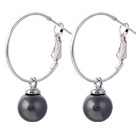 Nice 10mm Round Black Seashell Beads Dangle Earrings With Large Hoop Earwires