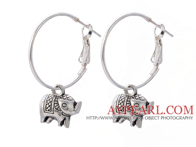 Lovely Elephant Pendant Charm Dangle Earrings With Large Hoop Earwires