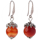 Fashion 12mm Round Faceted Red Agate Ball Flower Cap Charm Dangle Earrings