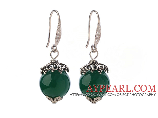 Classic 12mm Round Faceted Green Agate Ball Flower Cap Charm Dangle Earrings
