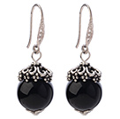 Classic 12mm Round Faceted Black Agate Ball Flower Cap Charm Dangle Earrings