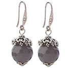 Classic 12mm Round Faceted Gray Agate Ball Flower Cap Charm Dangle Earrings