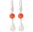 Lovely Round Organge Air-Slake Agate And White Faceted Drop Shape Opal Crystal Dangle Earrings