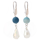 Lovely Round Blue Air-Slake Agate And White Faceted Drop Shape Opal Crystal Dangle Earrings