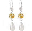 Lovely Round Yellow Air-Slake Agate And White Faceted Drop Shape Opal Crystal Dangle Earrings