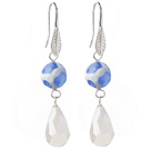 Fashion Round Blue Air-Slake Agate And White Faceted Drop Shape Opal Crystal Dangle Earrings