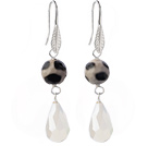 Fashion Round Black Air-Slake Agate And White Faceted Drop Shape Opal Crystal Dangle Earrings