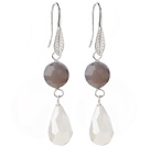 Fashion Faceted Round Gray Air-Slake Agate And White Faceted Drop Shape Opal Crystal Dangle Earrings