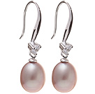 Nice Simple Style 8-9mm Natural Purple Freshwater Pearl Earrings With 925 Sterling Silver Rhinestone Fish Hook