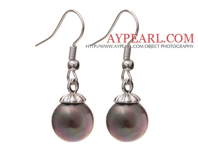 Lovely 10mm Round Dark Purple Seashell Beads Drop Earrings With Fish Hook