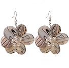 Nice Round Disc Shape White Banded Shell And White Freshwater Pearl Flower Earrings
