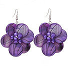 Nice Round Disc Shape Purple Banded Shell And Purple Freshwater Pearl Flower Earrings