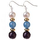 Lovely Round Natural White Freshwater Pearl And Round Blue Purple Dangle Earrings
