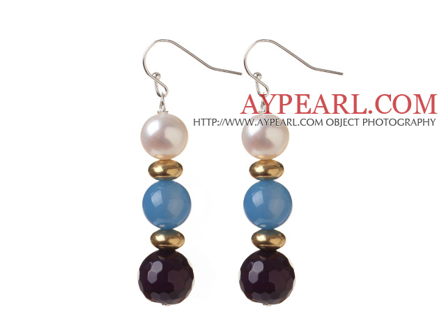 Lovely Round Natural White Freshwater Pearl And Round Blue Purple Dangle Earrings