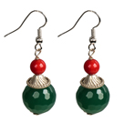 Simple Design Red Coral Green Agate Beads Dangle Earrings