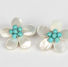 Wholesale Elegant Style Turquoise and White Shell Flower Clip Earrings