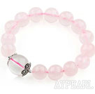 12mm Round Natural Rose Quartz and Clear Crystal Stretch Bracelet with Sterling Silver Accessory