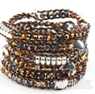 Long Style 4mm Golden Crystal Wrap Bangle Bracelet with Brown Thread and Shell Clasp