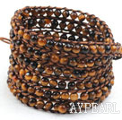 Long Style 4mm Tiger Eye Wrap Bangle Bracelet with Brown Thread and Shell Clasp