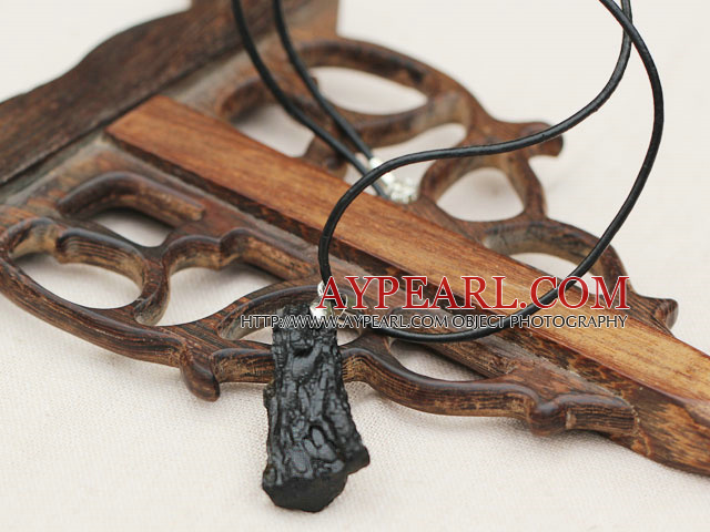 Black Meteorite Pendant Necklace with Black Imitation Leather Cord