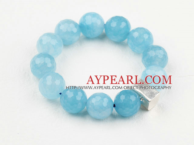 16mm Natural Cyanite Beaded Elastic Bangle Bracelet with Thailand Silver Accessory