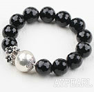 Wholesale Natural Black Agate Beaded Elastic Bangle Bracelet with Sterling Silver Accessory