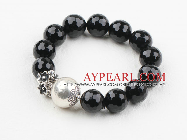 Natural Black Agate Beaded Elastic Bangle Bracelet with Sterling Silver Accessory