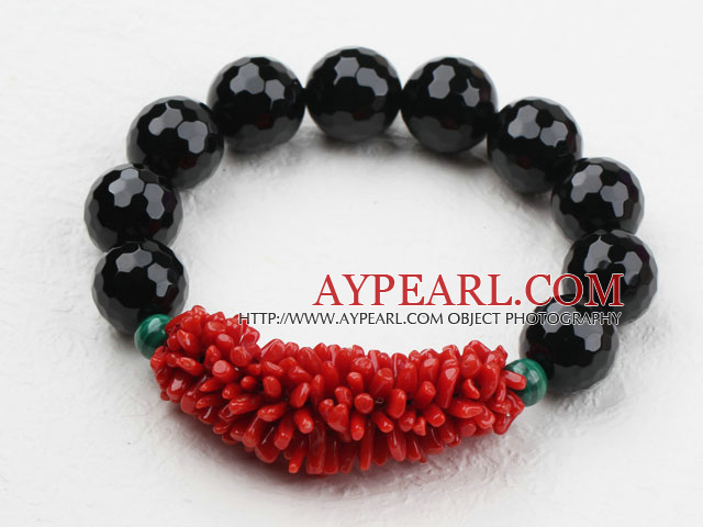 Natural Red Coral and Black Agate and Malachite Elastic Bangle Bracelet