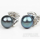 10 Pairs 6-7mm Natural Black Freshwater Pearl Studs Earrings with Leaf Shape Rhinestone( 10 Pairs)