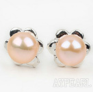 Fashion Style 6-7mm Natural Pink Freshwater Pearl Studs Earrings with Flower Shape Accessories
