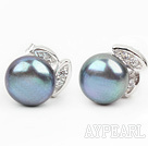 Fashion Style 6-7mm Natural Black Freshwater Pearl Studs Earrings with Leaf Shape Rhinestone Accessories