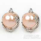 Fashion Style 11-12mm Natural Pink Freshwater Pearl Studs Earrings with Flower Shape Rhinestone Accessories