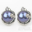 Fashion Style 11-12mm Natural Black Freshwater Pearl Studs Earrings with Flower Shape Rhinestone Accessories