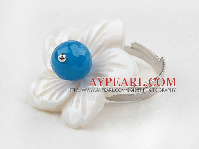 Faceted Blue Agate and White Shell Flower Adjustable Ring