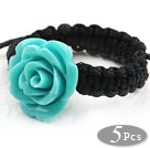 Wholesale 5 Pieces Lake Blue Color Imitation Turquoise Rose Flower Woven Drawstring Adjustable Ring