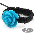 Wholesale 5 Pieces Blue Color Imitation Turquoise Rose Flower Woven Drawstring Adjustable Ring