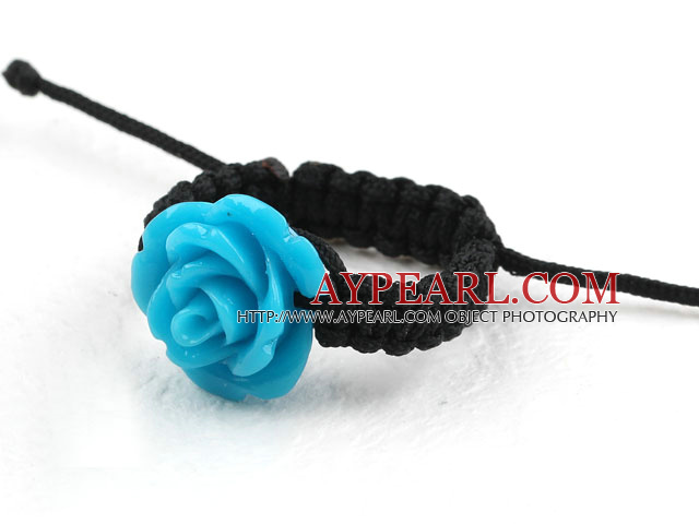 5 Pieces Blue Color Imitation Turquoise Rose Flower Woven Drawstring Adjustable Ring