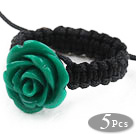 Wholesale 5 Pieces Dark Green Color Imitation Turquoise Rose Flower Woven Drawstring Adjustable Ring