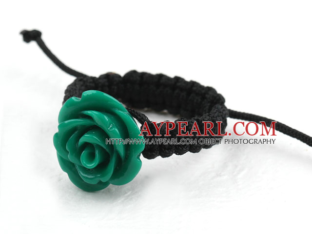 5 Pieces Dark Green Color Imitation Turquoise Rose Flower Woven Drawstring Adjustable Ring