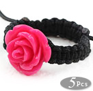 Wholesale 5 Pieces Hot Pink Color Imitation Turquoise Rose Flower Woven Drawstring Adjustable Ring