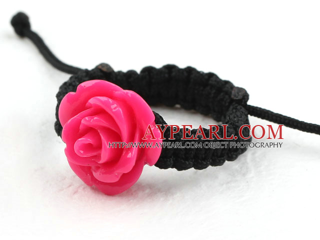 5 Pieces Hot Pink Color Imitation Turquoise Rose Flower Woven Drawstring Adjustable Ring