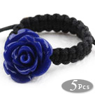 Wholesale 5 Pieces Dark Blue Color Imitation Turquoise Rose Flower Woven Drawstring Adjustable Ring