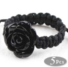 Wholesale 5 Pieces Black Imitation Turquoise Rose Flower Woven Drawstring Adjustable Ring