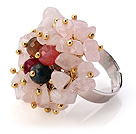 Lovely Handmade Cluster Style Rose Quartz Chips And Multi Agate Adjustable Metal Ring