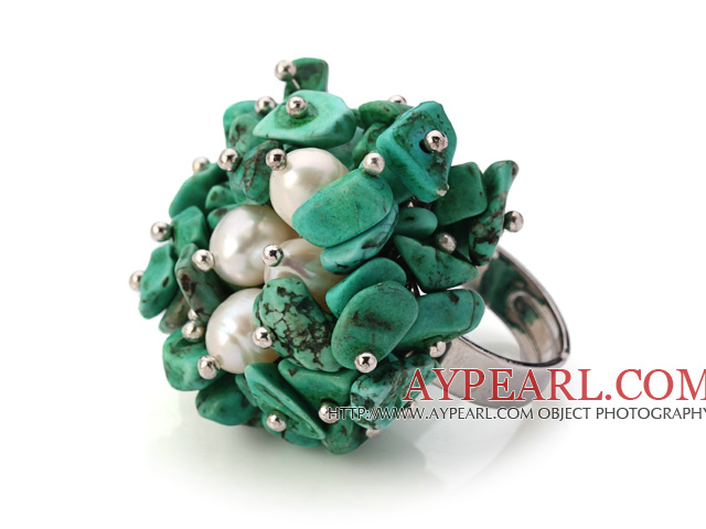 Lovely Handmade Cluster Style Green Turquoise Chips And White Pearl Adjustable Metal Ring