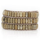 Borwn with Yellow Color Cats Eye 3 Wrap Bangle Bracelet with Gray Wax Cord and Shell Clasp