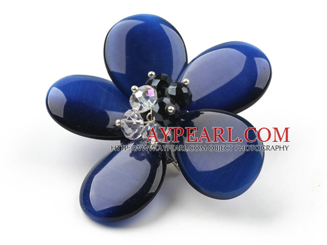 Dark Blue Color Cats Eye and Clear and Black Crystal Flower Brooch